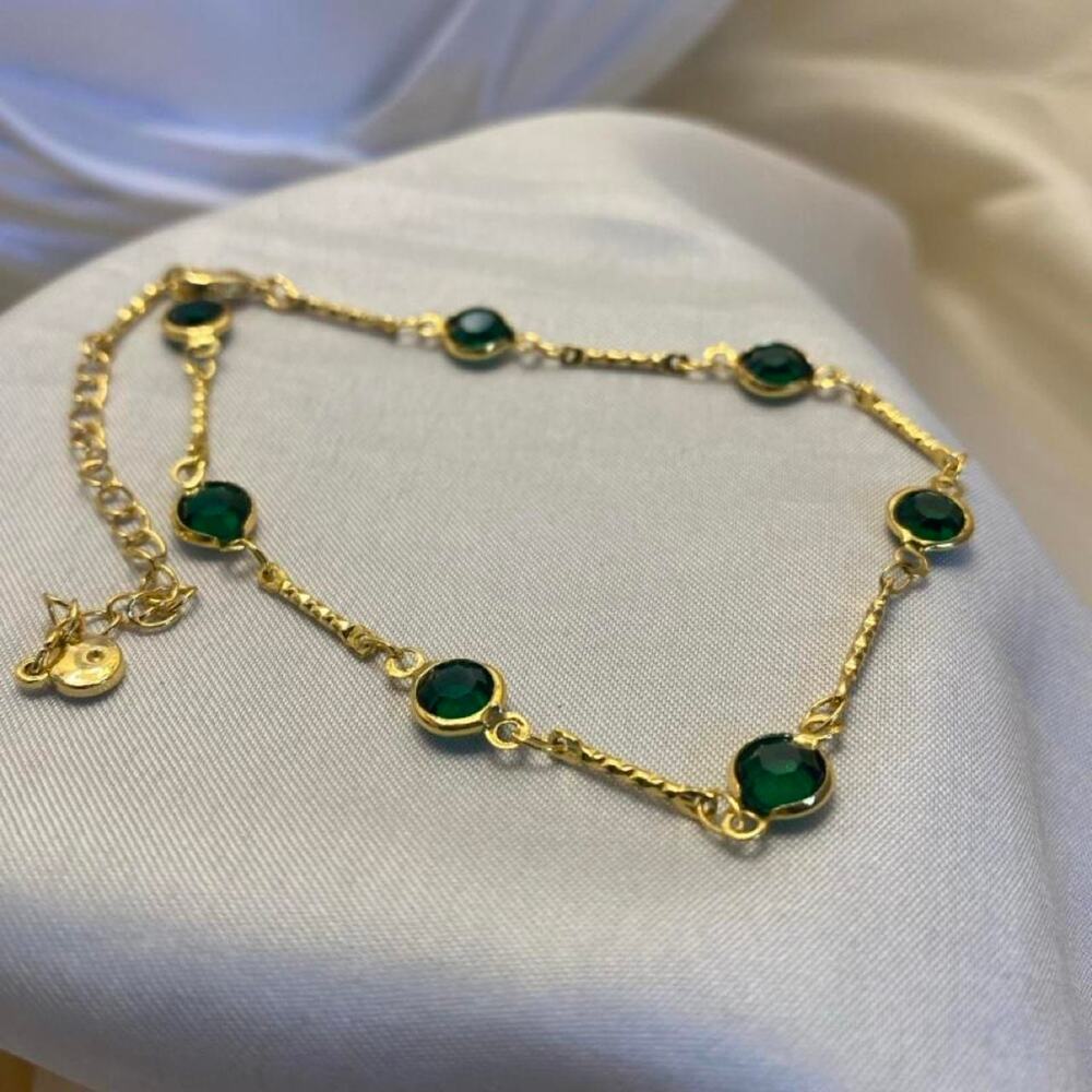 Emerald Green Crystal Gold Tone Station Bracelet Adjustable Dainty Vintage Style